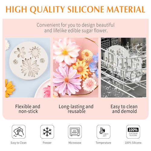 5 Pieces Flower Fondant Cake Molds Fondant Silicone Mold Daisy Flower (5 Count)