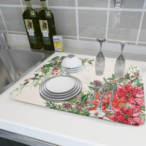 Poinsettia Dish Drying Mat for Countertop 18"x24" Christmas Red Floral Winter Holly Berries Dish Drainer Mats Absorbent Microfiber Dish Drying Pad Protector for Kitchen Home Decor Large