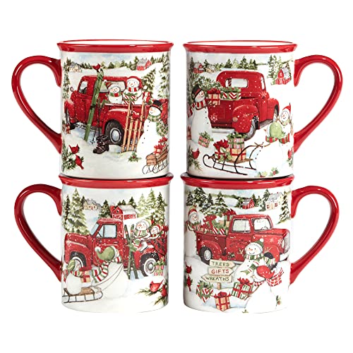 Red Truck Snowman Set of 4 Ceramic Mugs (4 Count)