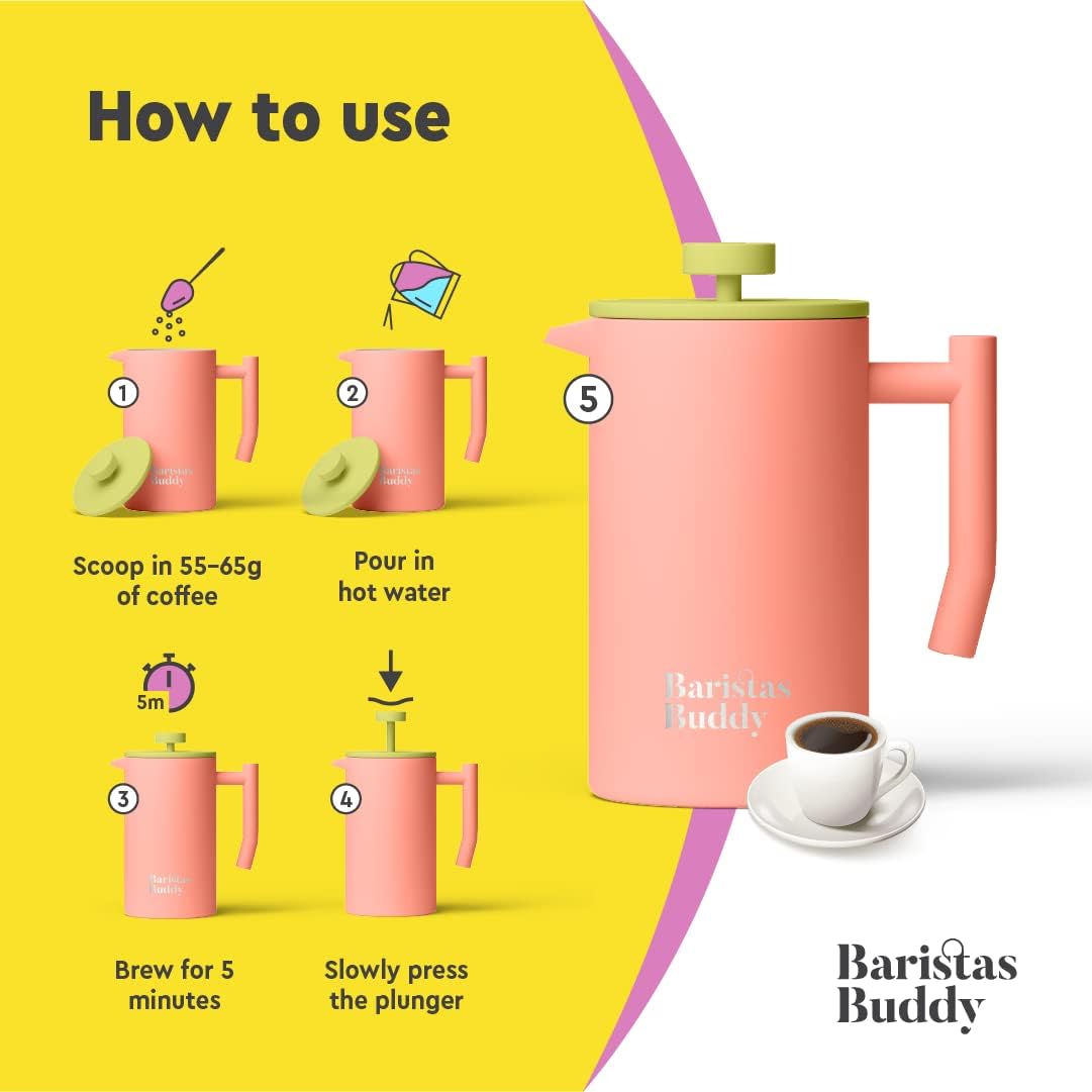 Cute Pink French Press Coffee Maker - Colorful, Retro And Stylish Insulated Coffee Brewer - Large Size Brews 4 Cups - Blissbrew