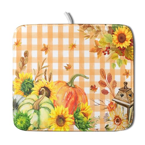 Autumn Maple Leaf Orange White Check Plaids Dish Drying Mat for Kitchen Counter