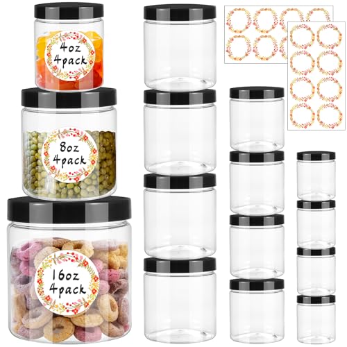 12pcs Plastic Jars with Lids 16 oz & 8 oz & 4 oz