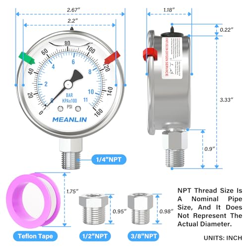 0~160Psi Stainless Steel Liquid Filled Pressure Gauge 2.5"FACE DIAL 1
