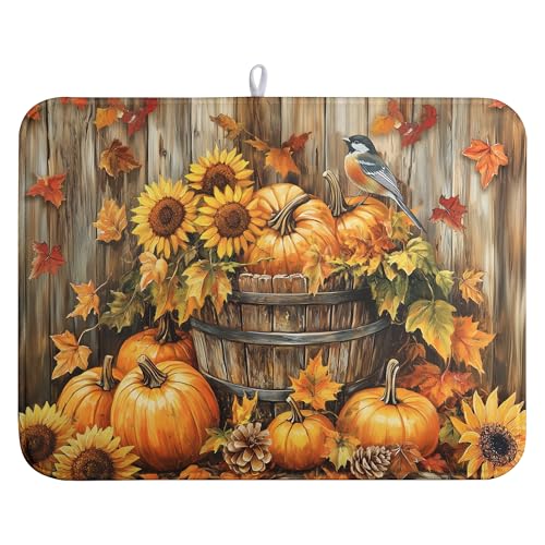 Fall Pumpkin Dish Drying Mat Autumn Maple Leaves Thanksgiving Large Kitchen Mats Dish Drying Pad Absorbent Dish Dryer Mat for Kitchen Countertops Microfiber Drainer Pad Dish Drying Mats