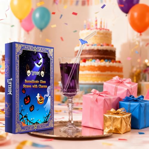 Blue Bat Drinking Straws with Glass Charms (8 Count)