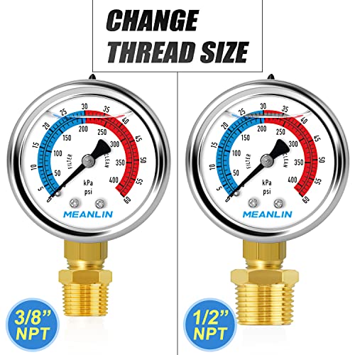 1/4" NPT 0-60psi Pressure Gauge, 2" Dial Glycerine Filled Pool Filter, 304 Stainless Steel Housing, Lower Mount, with 1/2" NPT and 3/8" NPT Hex Bushing