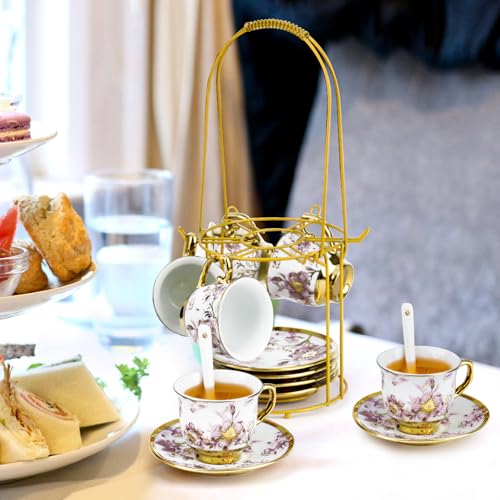 20 Pcs Porcelain Tea Set with Metal Holder (20 Count)