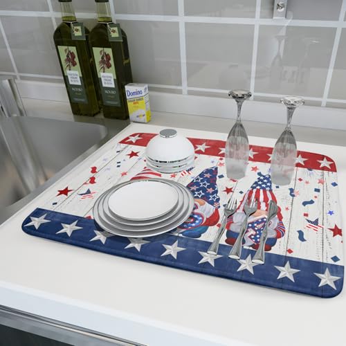 4th of July Gnomes Dish Drying Mat 18x24 inch Patriotic Elf Usa Stars Dish Drainer Mats Independece Day Large Microfiber Dish Drying Pad for Kitchen Countertop Holiday Decor
