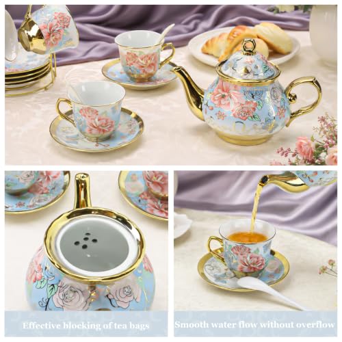 Porcelain Tea Cup and Saucer Set European Tea Set with Flower for Party (20 Count)