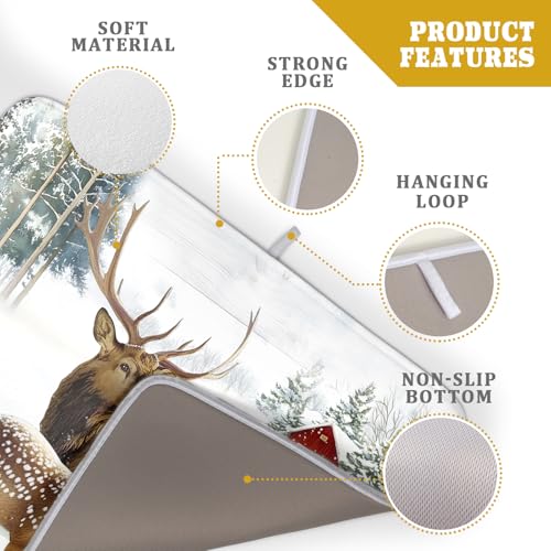 Winter Deer Dish Drying Mat 18"x24" Xmas Tree Bird Holly Berry Dish Drainer Mats Elk Moose Snow Cottage Farmhouse Reversible Large Dish Drying Pad Protector for Kitchen Countertop Decor
