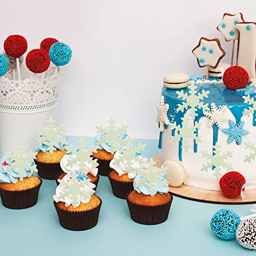 50Pcs White Edible Cupcake Toppers Snowflakes Cake Decoration for Christmas Winter Frozen Birthday Party Supplies (50 Count)