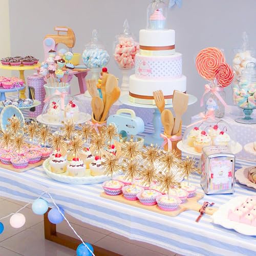 30 PCS Foil Firework Cupcake Toppers Happy Birthday Cake Toppers Star Sparkle Tinsel Flower Drink Stirrers Cocktail Fruit Toothpicks for Valentine's Day Baby Shower Birthday Party Supplies Gold (30 Count)