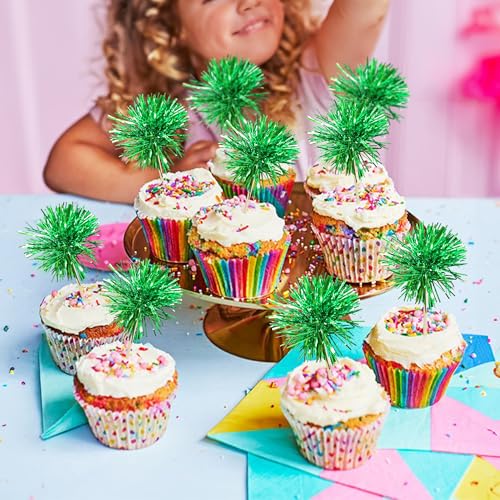 30Pcs Foil Firework Cupcake Toppers Sparkle Tinsel Cake Toppers Tinsel Drink Cake Decoration Cocktail Picks for Birthday Wedding Graduation Party Supplies Dark Green (30 Count)