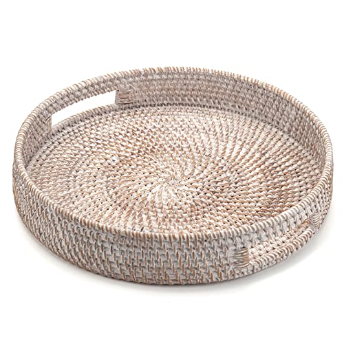 Coffee Table Tray Round Rattan Ottoman Tray Woven Serving Trays with Handles for Home and Kitchen Decorative White