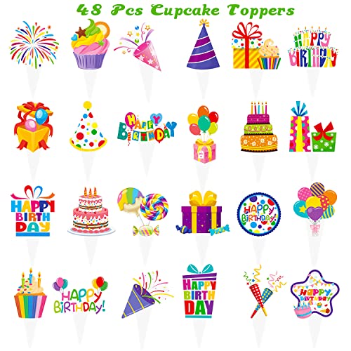 48pcs Happy Birthday Cupcake Toppers Colorful Birthday Cupcake Picks Decorations for Boy Girl Birthday Party Supplies (48 Count)