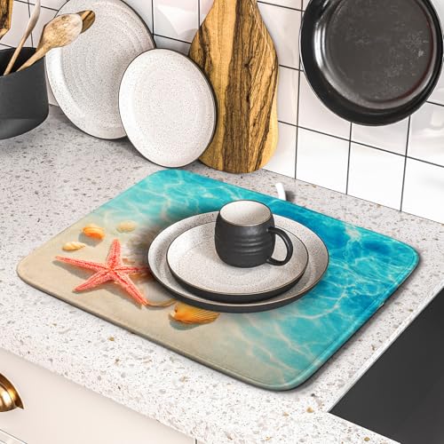 Coastal Starfish Dish Drying Mat 16"x18" Ocean Blue Sea Coral Seashell Dish Drainer Mats Nautical Beach Themed Decorative Reversible Dish Drying Pad for Kitchen Countertop Dining Room