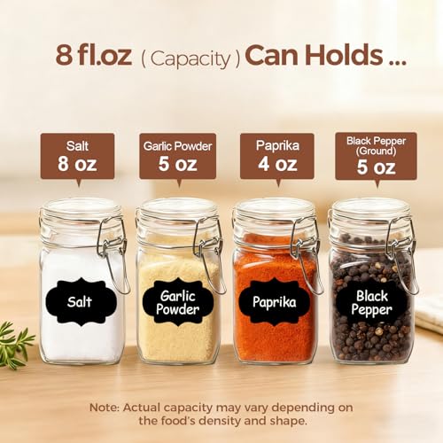 Square Glass Spice Jars 8 oz 6 Pack with Labels and Funnel Set (6 Count)