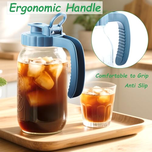 Mason Jar Pitcher With Stainless Steel Filter 64 OZ 2 Pack Wide Mouth Cold Brew Coffee Maker 2 Quart Glass water pitcher with lid Half Gallon Cold hot Tea maker For Lemonade Milk Juice Refrigerator (2 Count)