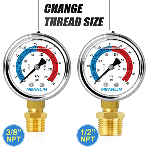 1/4" NPT 0-50psi Pressure Gauge, 2" Dial Glycerine Filled Pool Filter, 304 Stainless Steel Housing, Lower Mount, with 1/2" NPT and 3/8" NPT Hex Bushing