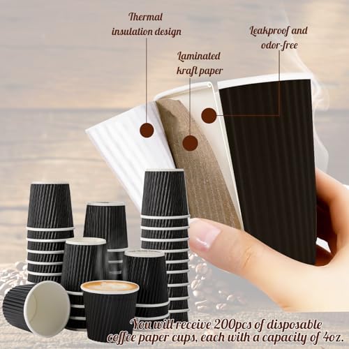 200 Pcs 4oz Paper Espresso Cups Ripple Wall Hot Cups For Coffee Disposable Coffee Cup Paper Hot (200 Count)