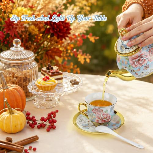 Porcelain Tea Cup and Saucer Set European Tea Set with Flower for Party (20 Count)