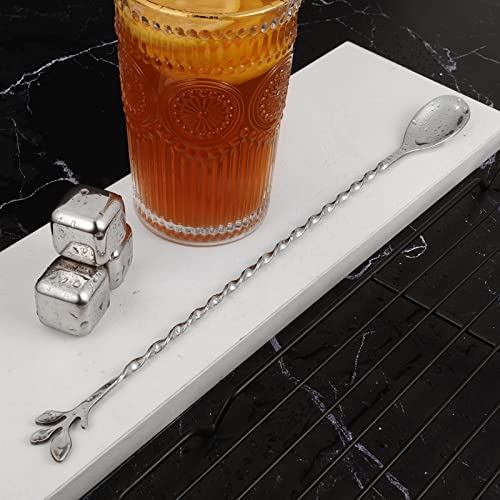 Silver 12 Inch Stainless Steel Cocktail Spoon with Leaf Handle