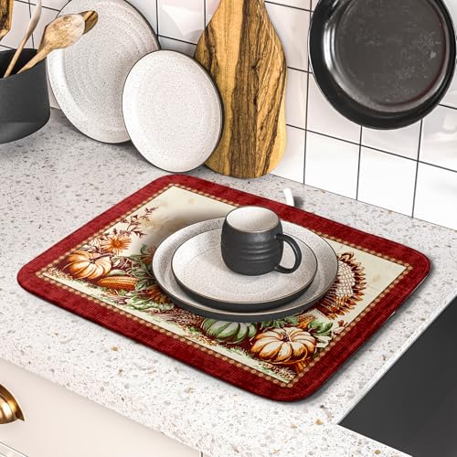 Rustic Turkey Dish Drying Mat for Kitchen Countertop 16x18 inch Fall Thanksgiving Pumpkin Sunflowers Harvest Dish Drainer Mats Fast Drying Farmhouse Country Style Dish Drying Pad Holiday Decor