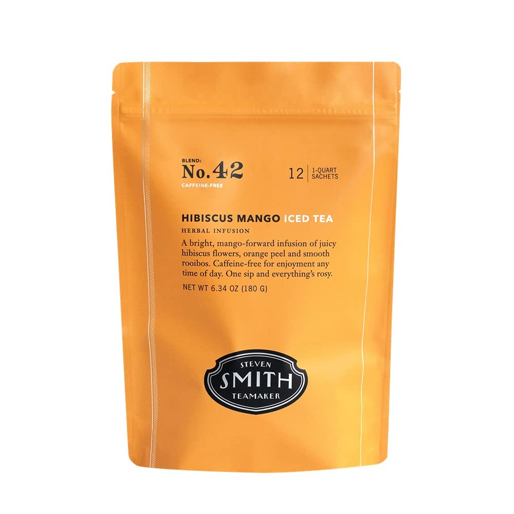 Steven Smith Teamaker Hibiscus Mango Iced Tea No. 42, Refreshing, Caffeine-Free, Sustainably Grown, Full Leaf Herbal Iced Tea, 10 Count, 1 Quart Sachets