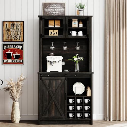 72" Farmhouse Coffee Bar Cabinet with Sliding Barn Door