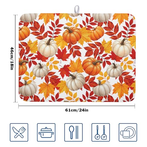Fall Pumpkin Dish Drying Mat for Kitchen Counter 18x24 Inch Autumn Pumpkins Maple Leaves Drying Mats Thanksgiving Absorbent Reversible Dish Pad Fast Dry Drainer Mat Protector for Countertop Coffee Bar