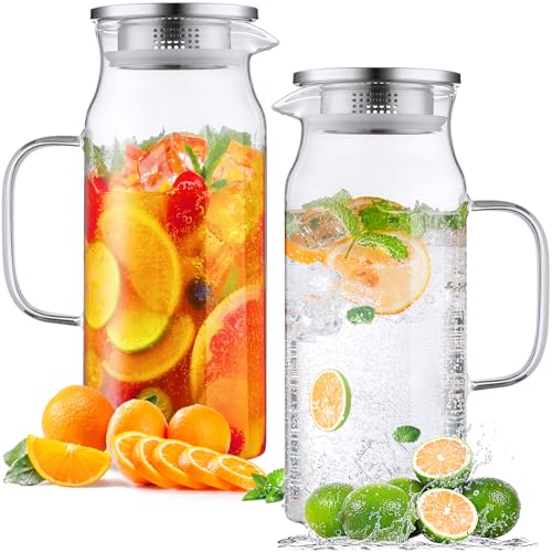 2 Pack 2 Liter 68 oz 2.1 Qt Glass Pitcher with Lid and Handle (2 Count)