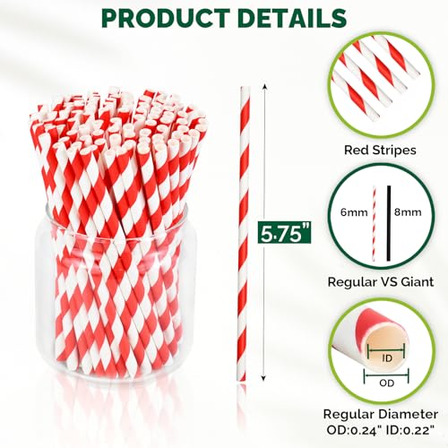 500 Counts] Chunspak 5.75 inch Disposable Red White Striped Small Paper Straws for Cocktail