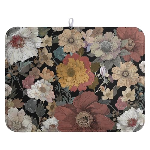Spring Boho Floral Dish Drying Mats Spring Summer Vintage Flowers Dish Mat Farmhouse Drying Matt Dishes Dryer Pad for Kitchen Counter Absorbent Microfiber Washable Foldable Reusable 18x24 in