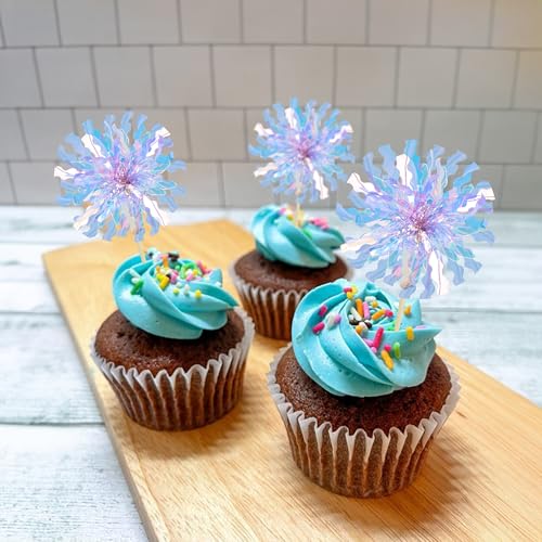 30Pcs Foil Firework Cupcake Toppers Party Birthday Cake Toppers Supplies Sparkle Tinsel Cocktail Fruit Toothpick for Birthday Wedding Graduation Party Light Blue (30 Count)