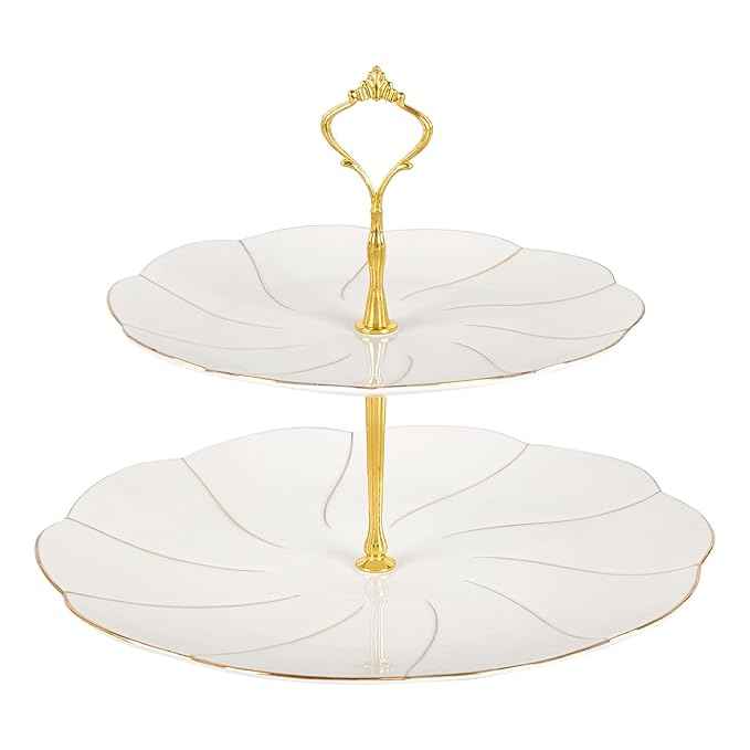 DUJUST 22 pcs Porcelain Tea Set for 6 ＆ Larger 2-Tier Cupcake Stand Tower, Luxury British Style Tea/Coffee Cup Set with Golden Trim, Food Grade Dessert Display Stand for Tea Party - White