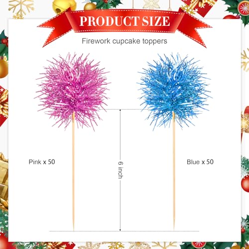100 Pcs Foil Firework Cupcake Toppers Sparkle Tinsel Cake Toppers Cake Decoration Cocktail Fruit Toothpick for Christmas Birthday Wedding Graduation Party Decoration