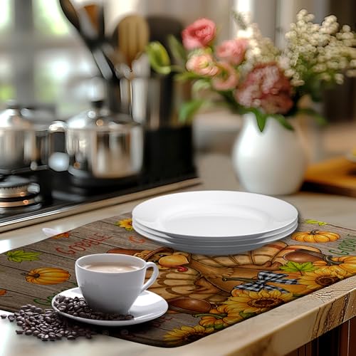 Happy Thanksgiving Turkey Dish Drying Mats Fall Pumpkin Dish Mat Drying Matt Autumn Dishes Dryer Pad for Kitchen Counter Absorbent Microfiber Washable Foldable Reusable 18x24 in