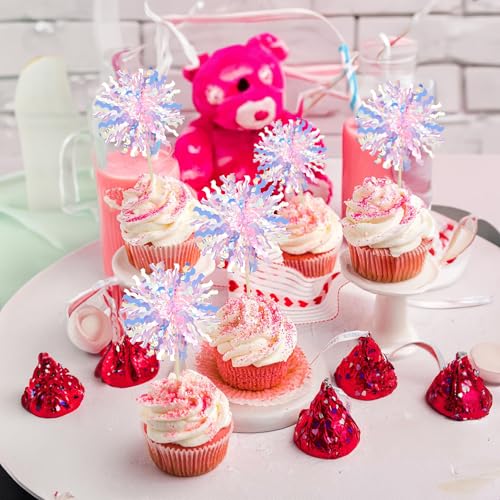 30Pcs Foil Firework Cupcake Toppers Firework Cake Toppers Tinsel Flower Drink Stirrers Cocktail Food Fruit Toothpicks for Valentine's Day Party Decorations Pink (30 Count)