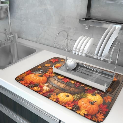 Autumn Dish Drying Mat for Kitchen Countertop Fall Pumpkin Maple Leaf Birds Dish Drainer Mats 18x24inch Rustic Wood Board Grain Dish Drying Rack Pad Protector for Dining Seasonal Decor