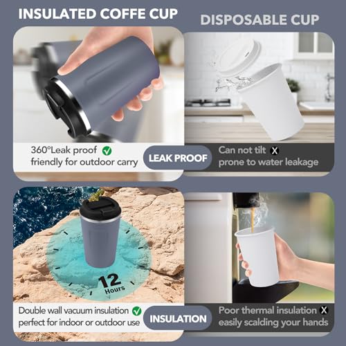 12 oz Double Wall Insulated Vacuum Travel Coffee Mugs with Flip Lid Bulk 2 Pack (2 Count)