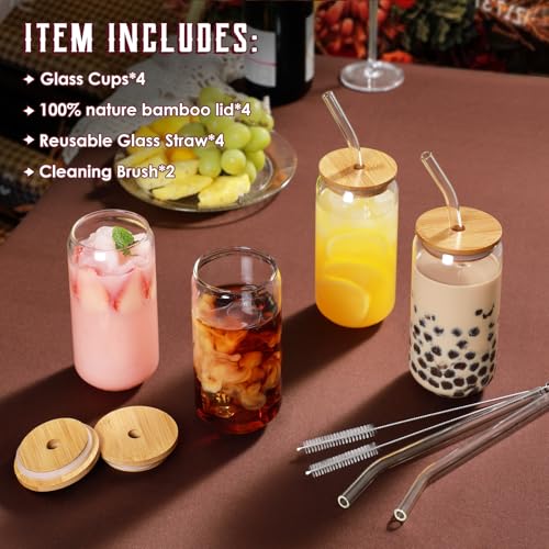 Drinking Glasses with Bamboo Lids and Glass Straw 4pcs Set (4 Count)