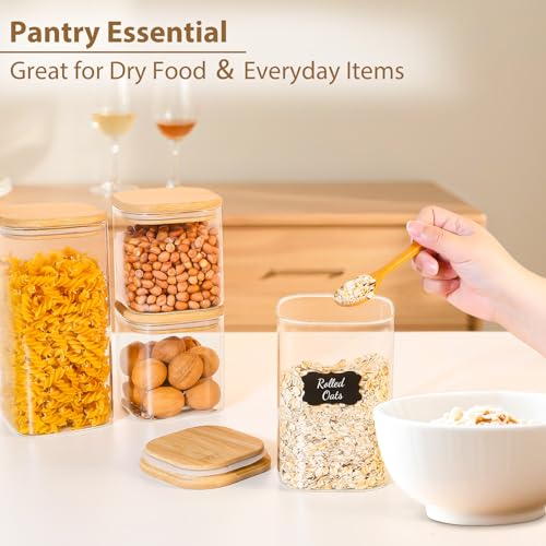 37oz(1.2Qt) Square Glass Storage Containers with Bamboo Lids – 4 Pack Clear Food Airtight Glass Jars for Pantry Organizers and Storage, Kitchen Dry Food, Coffee, Sugar, Flour, Snacks, Spices (4 Count)