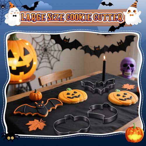 3 Pcs Large Halloween Cookie Cutters Set 7.5 Inch Extra Large Pumpkin Bat Ghost Shapes Stainless Steel Metal Giant Cookie Cutters Molds for Halloween Day Baking Party Kitchen Accessories (3 Count)