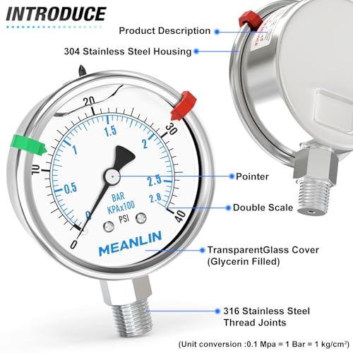 0~40Psi Stainless Steel Liquid Filled Pressure Gauge 2.5" FACE DIAL 1