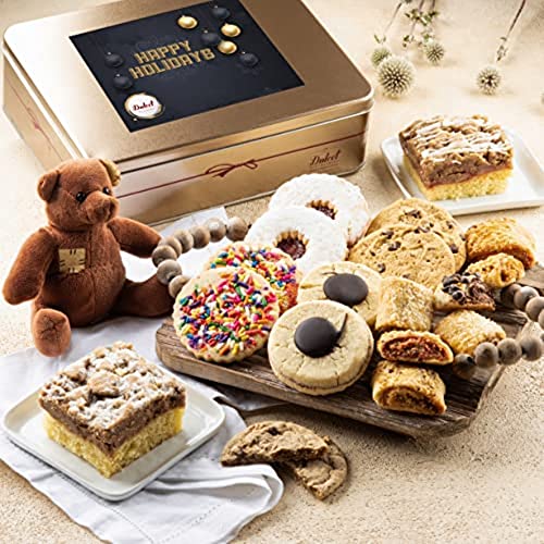 Happy Holiday Deluxe Bakery Mix of Assorted Cookies and Pastries with Decorative Teddy Bear for Women