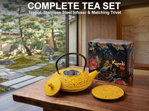 40 Oz Yellow Dragon Cast Iron Teapot