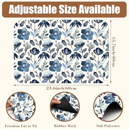 Blue Flowers Dish Drying Mat for Kitchen Counter Coffee Bar Mat Hide Stain Absorbent Coffee Mat with Non