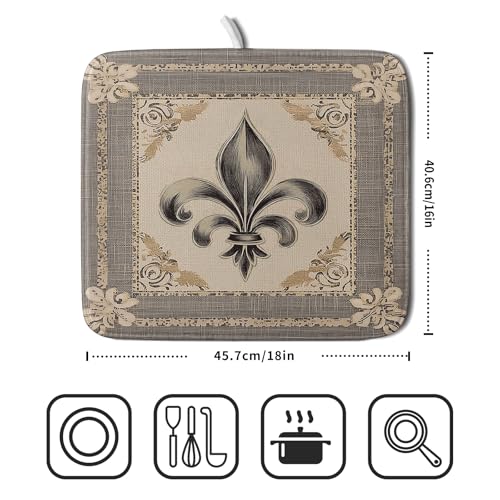 Mardi Gras Dish Drying Mat for Kitchen Vintage Fleur De Lis Print Dish Drainer Mats 16x18inch Country Style Dish Drying Rack Pad Protector for Countertop Dining Holiday Decor