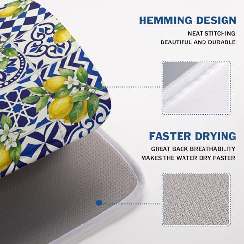 Lemon and Blue Tile Dish Drying Mat 18x24 Inch Absorbent Reversible Mexican Tilt Drying Mat Blue White Italy Lemons Dish Drying Rack Mat Summer Themed Dish Drainer Mat for Kitchen Counter Coffee Bar