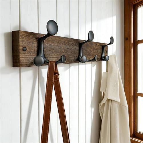 17 Inch Wood Burnt Coat Rack Wall Mount with 3 Triple Hooks (2 Count)